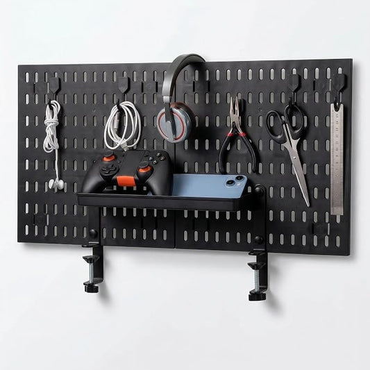 Gaming Desk Organizer - Clamp-on Desk Pegboard, No Drill Desk Side Storage with 5 Hooks and 1 Tray, Detachable Gaming Pegboard for Office & Home Desktop Organizer