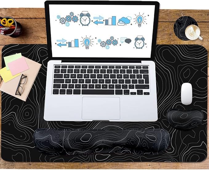 Topographic Mouse Pad Set, Extended Mouse Pad+Keyboard Wrist Rest, Memory Foam Ergonomic Easy Typing, 4Pcs (35.4×15.7 in) Desk Pad Set for Home Office Study Game-Topographic Contour