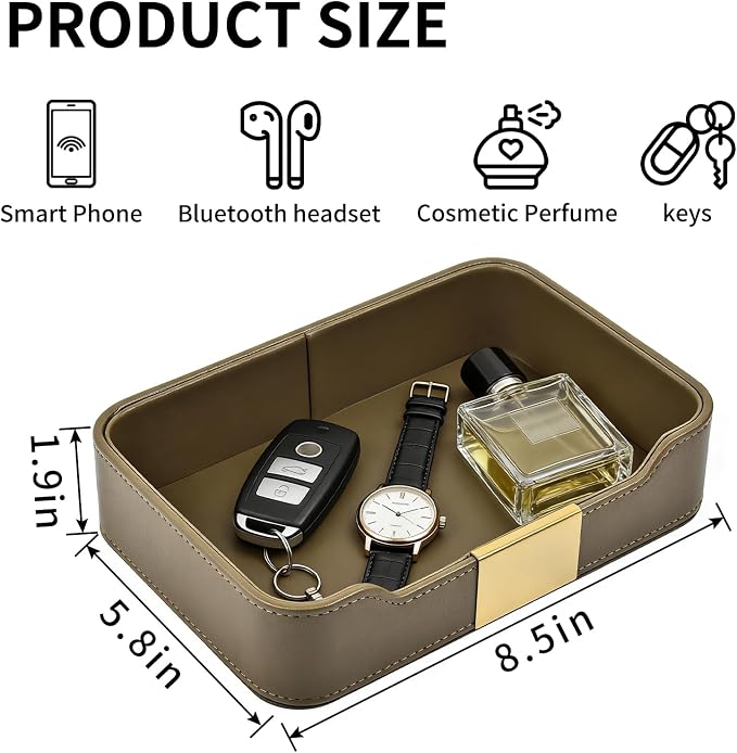 Luxury Leather Valet Tray Desktop Storage Organizer,Bedside Vanity Catchall Tray Nightstand Caddy Holder for Cosmetic,Jewelry,Watch,Keys,Phone,Wallet,Remote Controller,Pen,Olive Green