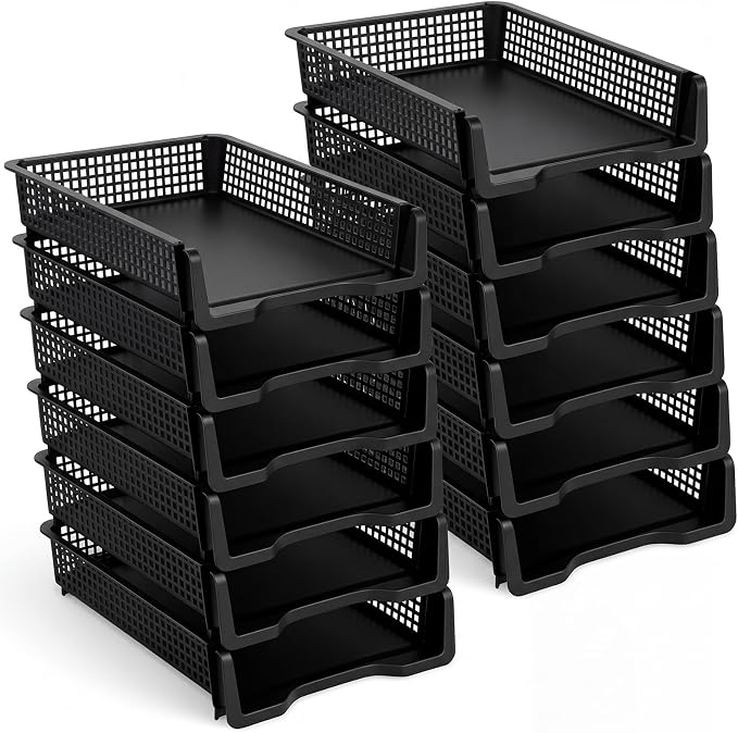 Geetery Set of 12 Plastic Trays for Teachers Turn in Trays Classroom Stackable Paper Tray Plastic Classroom Teachers Desk Letter Organizer Storage Baskets for Office, Desk, Home (Black)