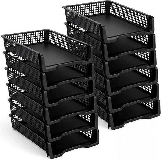 Geetery Set of 12 Plastic Trays for Teachers Turn in Trays Classroom Stackable Paper Tray Plastic Classroom Teachers Desk Letter Organizer Storage Baskets for Office, Desk, Home (Black)