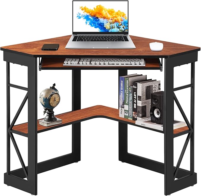 VECELO Corner Computer Desk 41 x 30 inches with Smooth Keyboard & Storage Shelves for Home Office Workstation, Teak