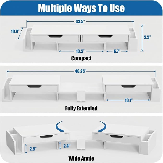 Simple Houseware Desk Dual Monitor Stand Riser with Pull-Out Drawers, White