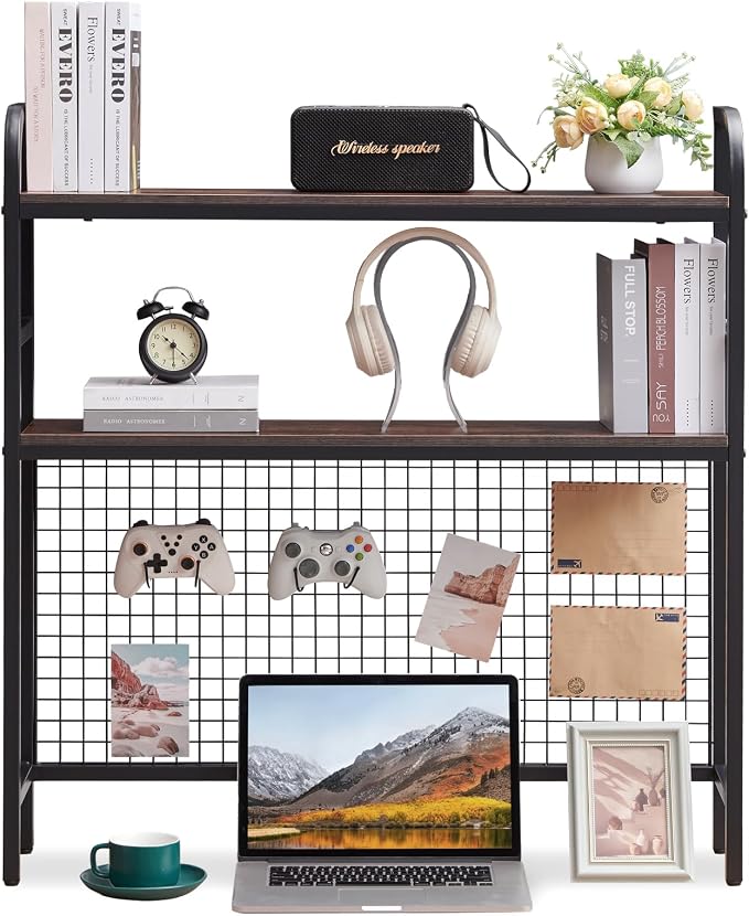 Desktop Hutch Shelf Organizer, 2-Tier Metal & MDF Desk Bookshelf with Grid Panel and Hooks for Office & Dorm (Rustic Brown, 36.8")