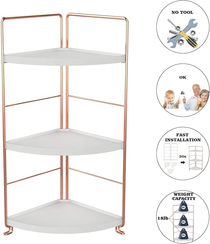 3-Tier Bathroom Countertop Organizer - Vanity Tray Cosmetic & Makeup Storage- Kitchen Spice Rack Standing Shelf - Corner Storage Shelf, Rose Gold