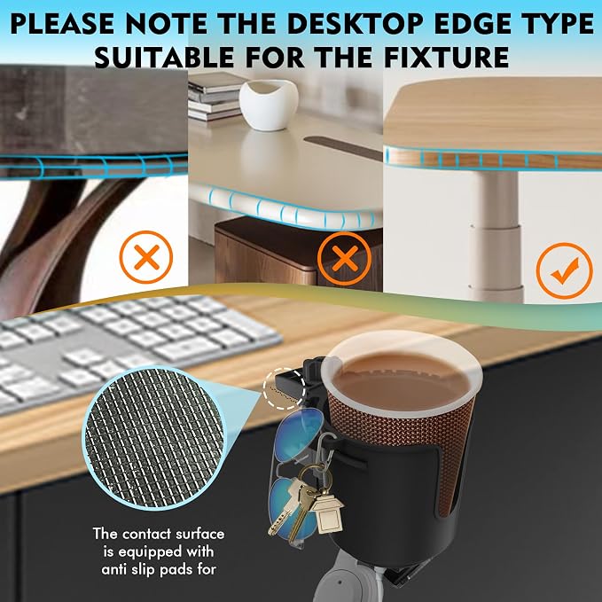 Desk Cup Holder with Headphone Hanger, Clip on Cup Holders for Desks with Spill-Proof Cup Design, Easy to Install, Enough to Hold 8-28OZ Coffee Cups, Water Bottles. (Black, Medium)