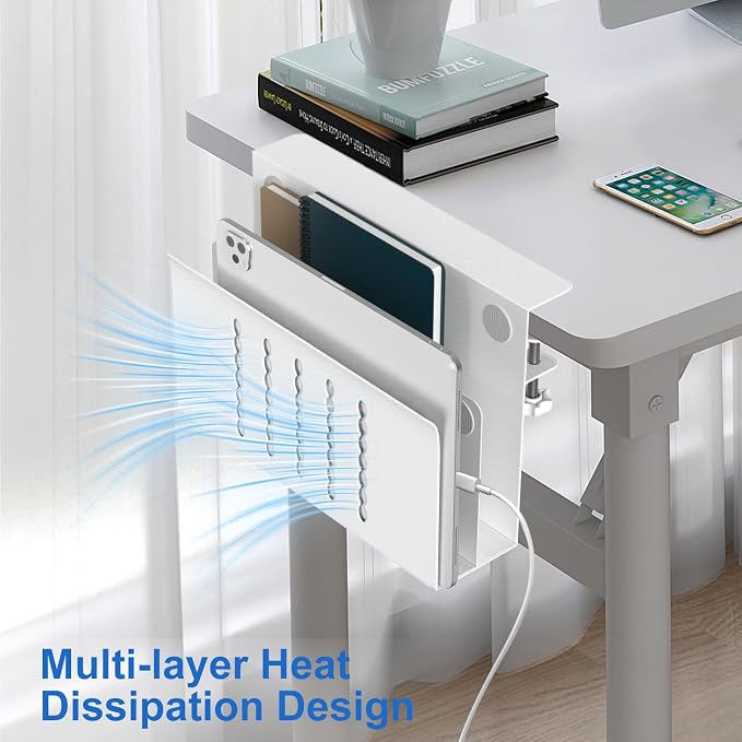 HAMOPY Desk Side Storage, 2 Tier Steel Hanging Desk Organizer with Magnetic Pen Holder, No Drilling Standing Desk Drawer Cable Management Tray, Under Table Laptop Holder for Office, School&Home(White)