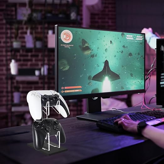 FYY Game Controller Holder 2 Tiers - Universal Dual Controller Stand Headphone Holder, Acrylic Black Controller Display Stand Compatible with Nintendo Switch Xbox PS5 PS4, Desk Mounts for Controller