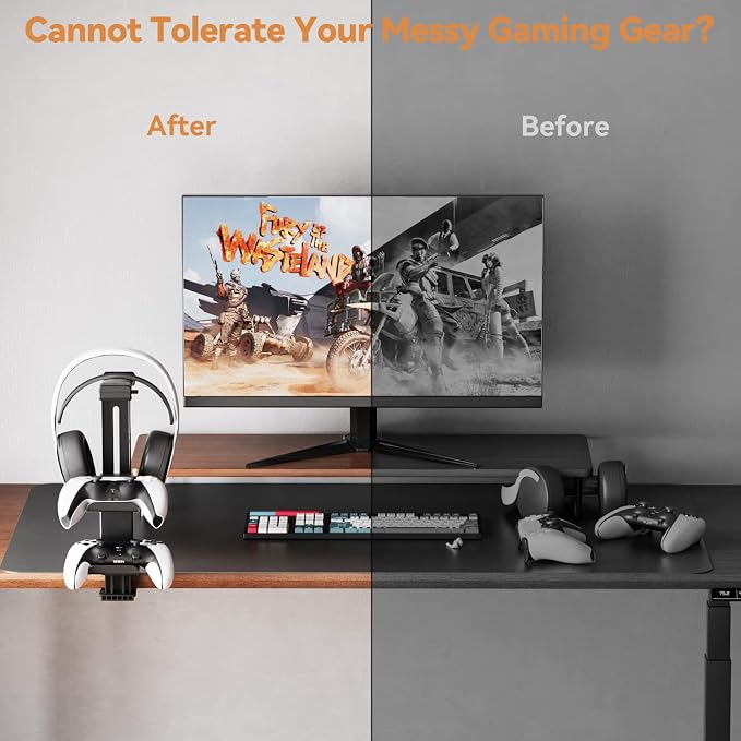 Headphone Stand & Under Desk Controller Holder with Adjustable Clamp, Controller Stand & Headset hanger for Desk Mount with 360° Rotating Hook & Cable Organizer 3-in-1 Game Organizer, Headphone Cases