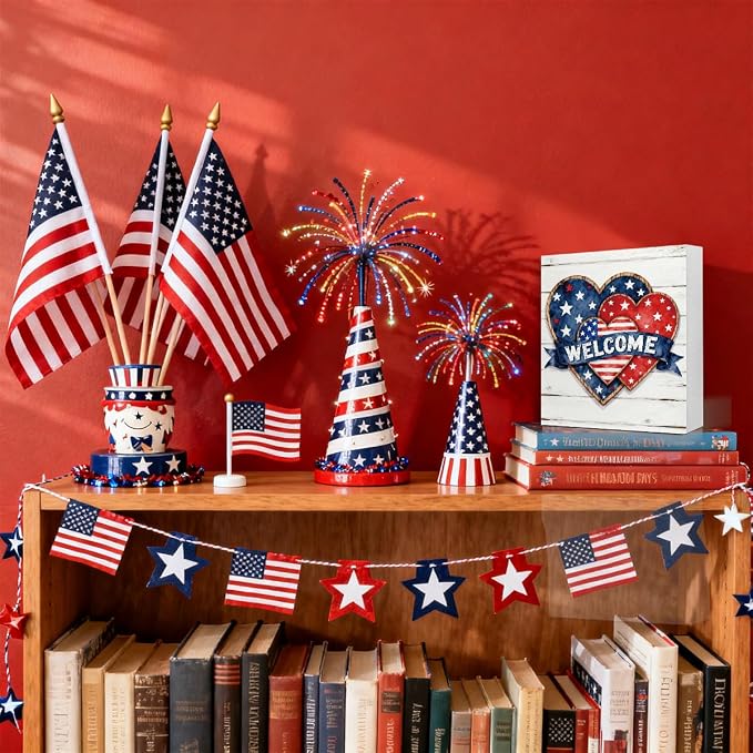 Patriotic Wooden Box Sign,Welcome Heart 4th Of July Signs Home Decor,Independence Memorial Day Block Sign for Desk Shelf Tabletop Decor