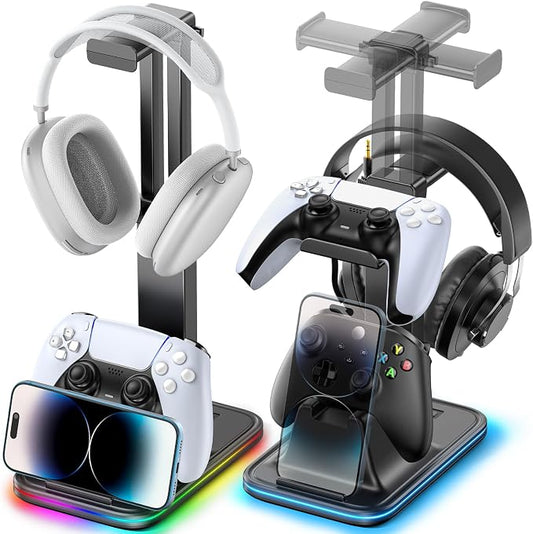 Gaming Headset & Controller Stand, Rotating Headphone Storage with 2 Controllers & Phone Holder, 9 RGB Modes Game Desk Storage for PS5/PS4/XBOX PC Gamer Essentials Organizer Gift Accessories