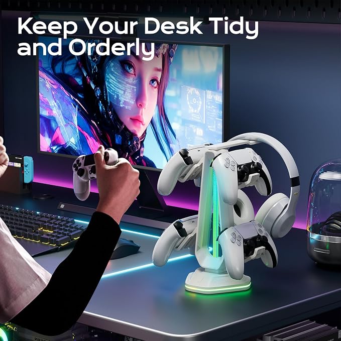 Saitake RGB Controller Stand with 9 Light Modes,Controller Holder with 2 USB Ports,Headset Stand for Desk-Headphone Holder Suitable for All Headphones and Controller (White)