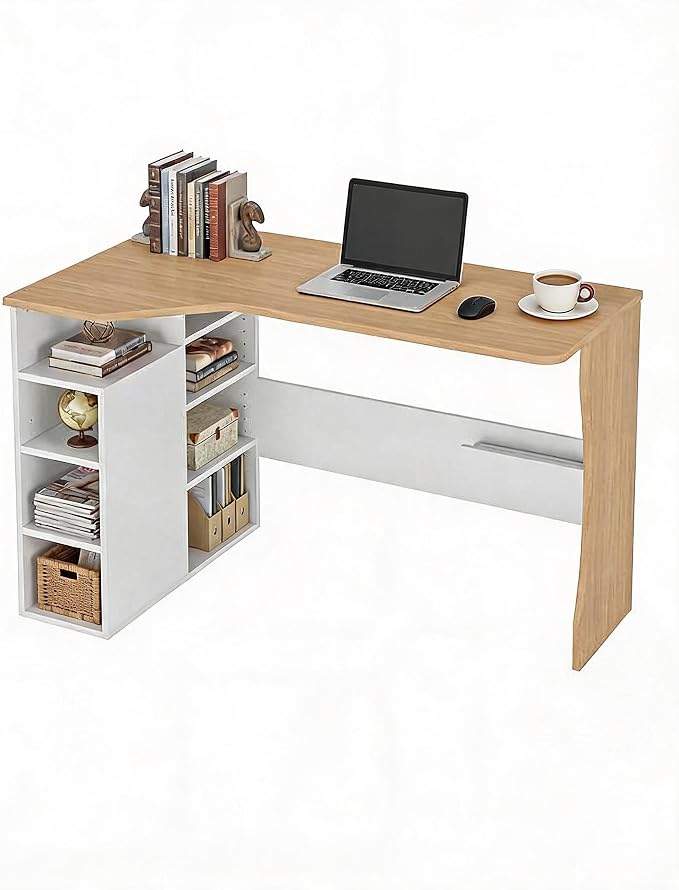 IDEALHOUSE L Shaped Desk with Storage Shelves, Small Corner Desk for Small Spaces, Reversible Table with 3 Tier Shelves, Home Office, Writing Study Gaming Desk Oak Wood