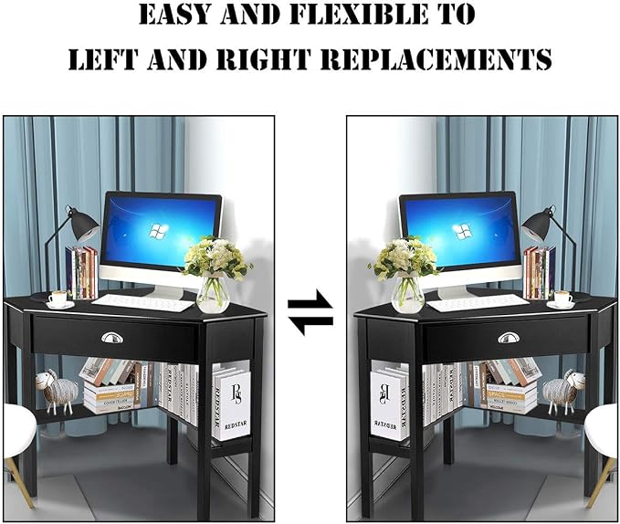 Corner Computer Desk, Space-Saving Corner Table with Drawer & Shelves, Home Office 90° Triangle Corner Workstation, Modern Makeup Vanity Table, Small Corner Desk for Small Spaces (Black)
