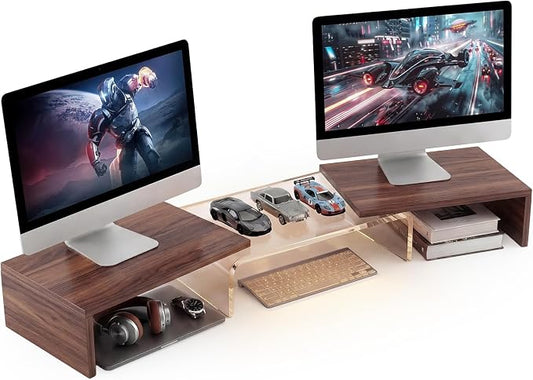 High-Clarity Dual Monitor Riser, Desk Organizer for Computer Monitor, Acrylic Monitor Riser with Keyboard Storage, Adjustable Angle & Length Computer Monitor Stand Walnut Look