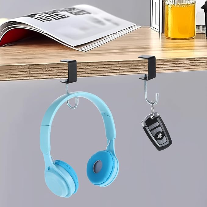 cobee Clamp-On Under Desk Hooks, Desk Mount Hanging Bag Holder Metal Hook Adjustable Headphones Clamp Organizer Portable Purse Hanger Clip Reduce Desk Clutter Table Desk Under Counter (8 Pcs, Black)