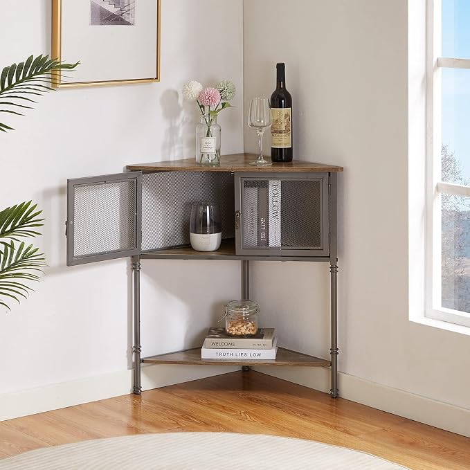 VECELO 3-Tier Corner Table,Cabinet with Mesh Door and Open-Shelf,Corner Shelf Stand,Metal Frame Storage Shelf Organizer Display Shelves for Bedroom,Living Room,Kitchen,Bathroom