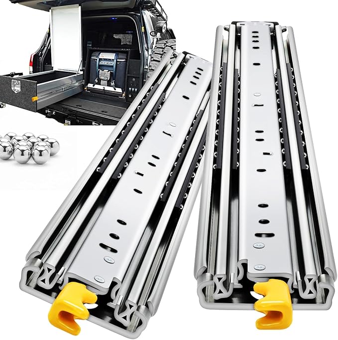 YENUO Heavy Duty Drawer Slides with Lock 12 14 16 18 20 22 24 26 28 30 32 34 36 38 40 44 48 52 56 60 Inch Full Extension Side Mount Ball Bearing Locking Rails Track Glides Runners Load 200 Lbs 1 Pair