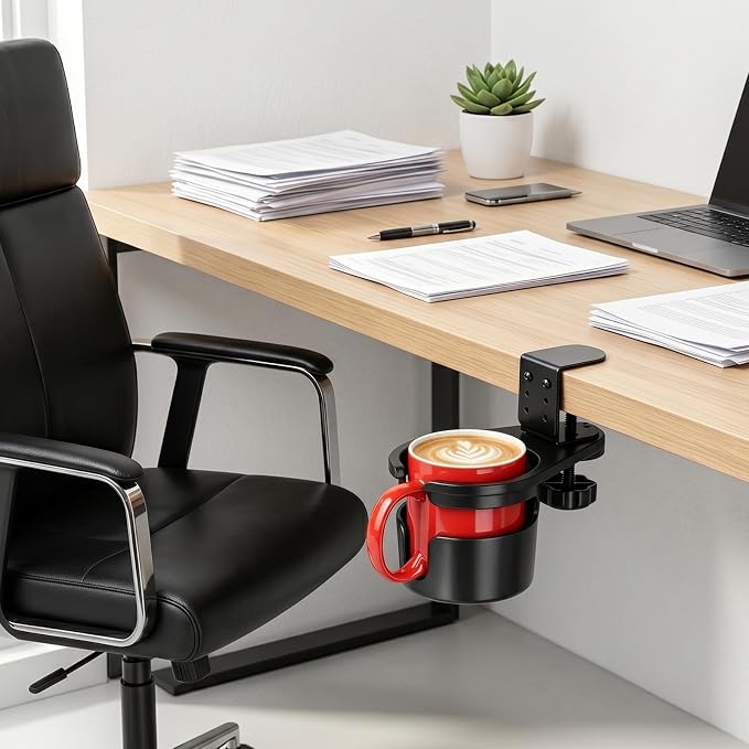 MYITYARD Desk Cup Holder Clamp, Anti-Spill Clip On Table Cup Holder, Rotatable Water Bottle Stand Drink Coffee Mug Storage, Office Accessories for Home and School (Black)