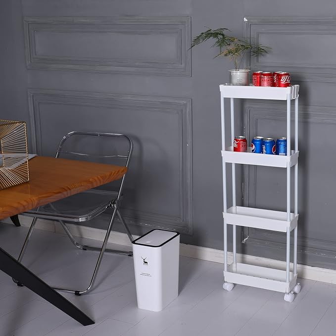 Sooyee 4 Tier Slim Storage Cart Mobile Shelving Unit Organizer Slide Out Storage Rolling Utility Cart Tower Rack for Kitchen Bathroom Laundry Narrow Places, Plastic & Stainless Steel, White
