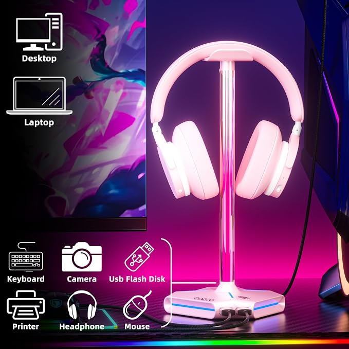 Pink RGB Headphone Stand with 2 USB Ports & Extension Cord, Gaming Headset Stand for Desktop Table, PC Gaming Accessories, Gifts for Girlfriend,Teen Boys Girls,Gaming Setup Organizer