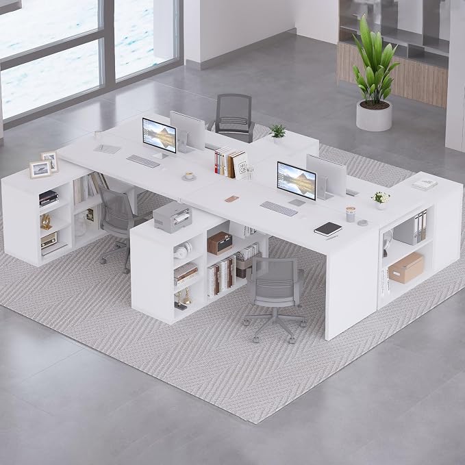 HSH White L Shaped Desk with Shelf, Reversible Modern Home Office Desk Workstation, L Shape Computer Desk with Storage Cabinet Drawer, Industrial Wood Corner Table for Work Study Writing Gaming, 55 In