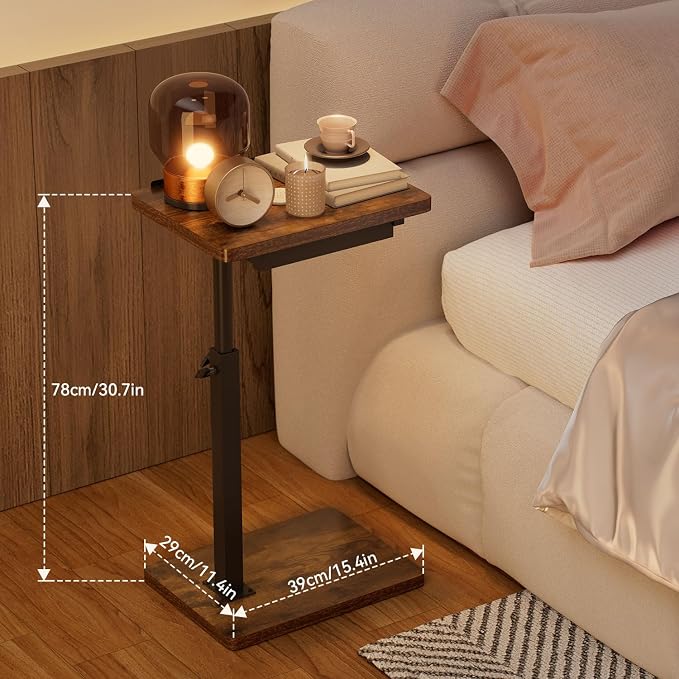 IBUYKE C Shaped Side Table, Angle Adjustable, 360° Swivel Height Adjustable End Table for Small Spaces, for Phone Computer & Tablet, Modern Small Coffee Snack Table for Sofa/Bed, Brown UTVT004H