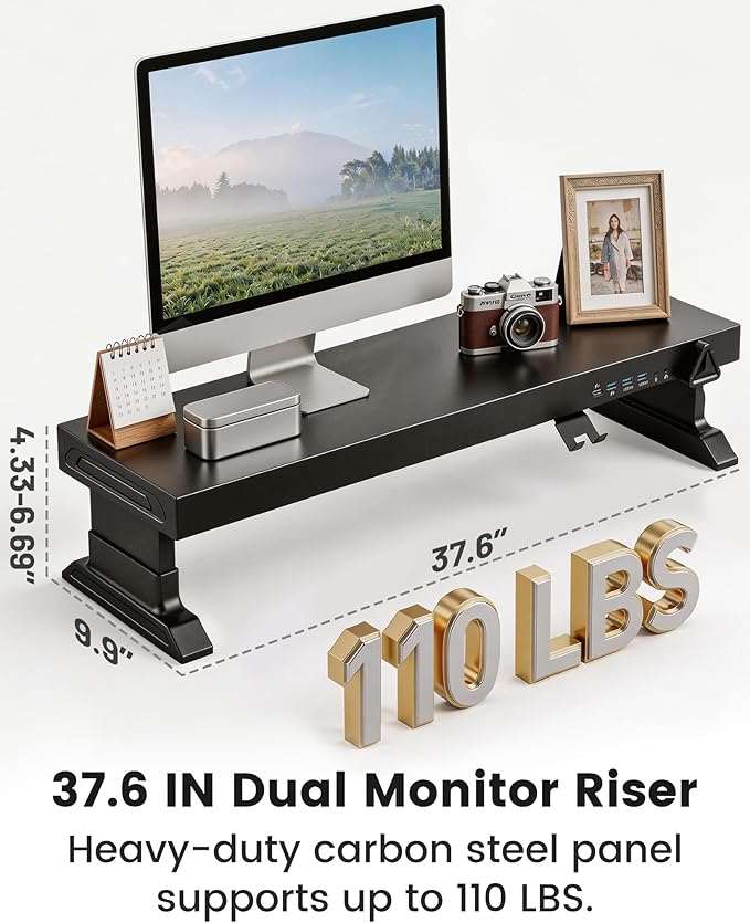 Height Adjustable Monitor Riser with 6-Port Hub – 37.6" Extra Wide Desk Stand for Dual Monitors, Continuous Height Adjustment 4.33–6.69" via Knob, USB-C Fast Charging, Carbon Steel Black