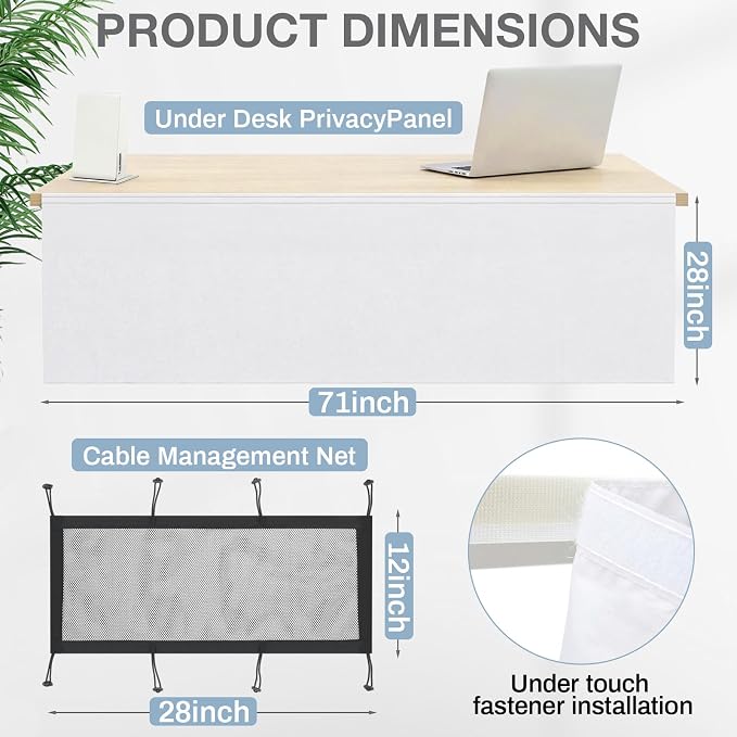 Tegeme 71'' Under Desk Privacy Panel with Cable Management Net Desk Skirt Self Adhesive Modesty Panel with Cord Organizer Pockets for Office Home Standing Workstation(White)