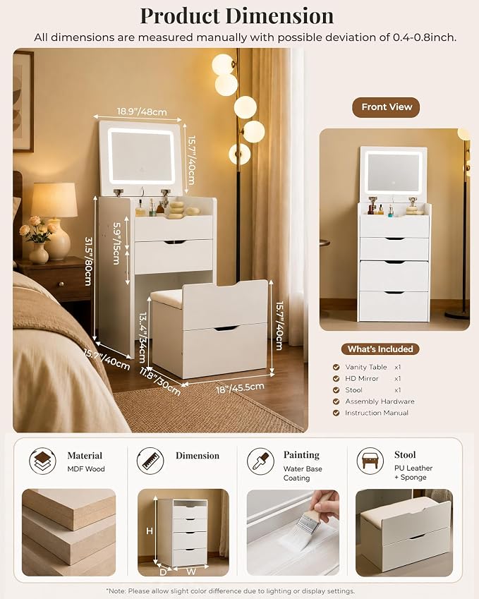 Small Vanity with Mirror and Lights for Small Space, 3-in-1 Compact Makeup Vanity Desk with Storage, Flip Top Vanity Table with Hidden Stool, 3 Color Mode, Drawers & Jewelry Organizer, Mini Vanity Set