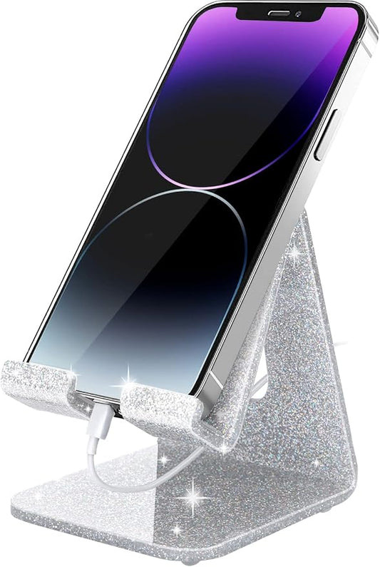 Crpich Acrylic Cell Phone Stand, Portable Phone Holder, Phone Stand for Desk, Compatible with Phone16 15 14 13 12 Pro Max Mini 11 Xr Plus SE, Switch, Android Smartphone, Pad, Tablet, Glitter Silver