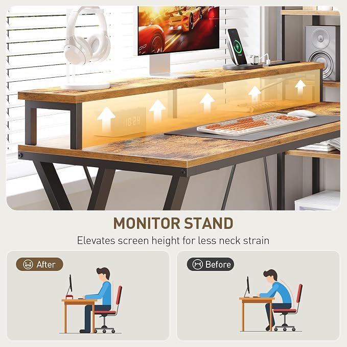 RALGEND L Shaped Gaming Desk with Bookshelf, 52'' Reversible Computer Desk with LED Light & Power Outlet, Corner Desk with Storage Shelves and Monitor Stand for Home Office, Rustic Brown
