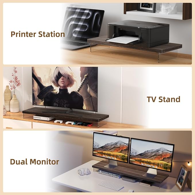 Monitor Stand Riser, Wood & Acrylic Computer Monitor Stand Desk Desktop Organizer Table for Home, Office Workspace, Laptop Riser, Printer, PC & TV Screen Riser