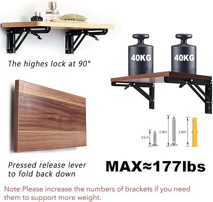 Folding Shelf Brackets - 16 Inch 6 Packs Heavy Duty Metal Collapsible Shelf Bracket, DIY Wall Mounted Foldable Shelf Bracket, Space Saving for Bench Table