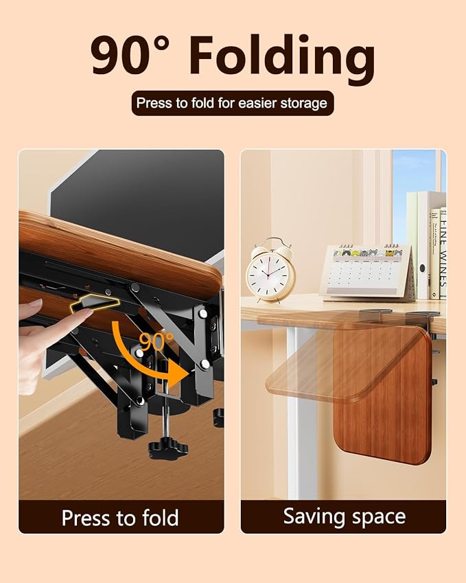 Ergonomic Desk Extender Tray, 8.2"x7.6" Table Mount Arm Wrist Rest Shelf, 90° Foldable Elbow Support, Sturdy Mouse Arm Support,Clamp on Computer Arm Rest for Desk, Office & Home Use,Wood