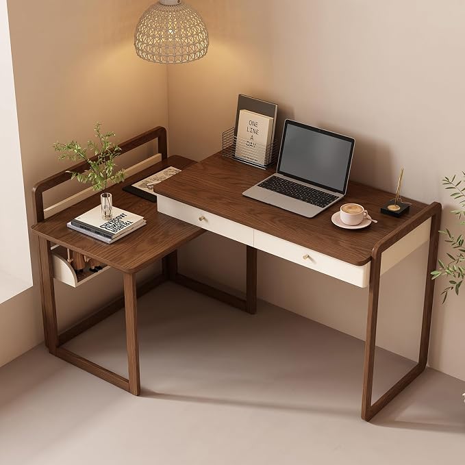 Lartis Extendable to 70" Solid Wood Desk, Storage Study Table with Side Unit, Multifunctional Workbench, Modern Office and Study Computer Desk