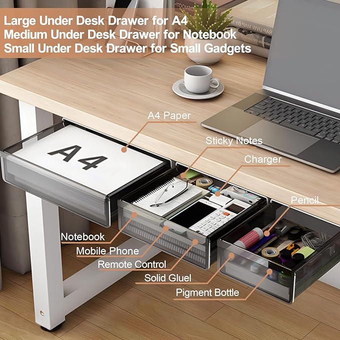 SVNNELP Under Desk Table Drawer Storage Organizer,3 Pack Large & Medium & Small Slide Out Desk Drawers - Hidden Desktop Organizer,Attachable Pencil Storage Tray Under Table(SML)