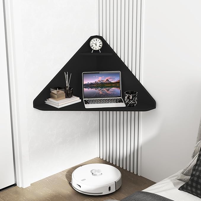 GOFLAME Floating Corner Desk, Wall Mounted Triangular Computer Desk w/Storage Shelf, Space-Saving Design, 90° Wooden Floating Home Office Desk for Writing, Working, Studying (Black)