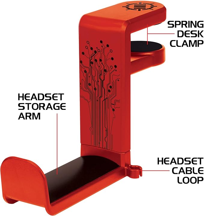 ENHANCE PC Gaming Headphone Holder - Desk Headphone Hanger Esports Headset Holder with Adjustable 360 Rotation, Under Desk Hook Clamp, Universal Fit - Built in Cable Clip Organizer - Red