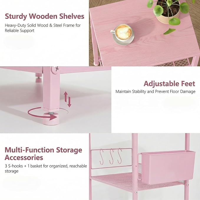 ECOLOVI 3 Tier Printer Stand for Under Desk, Height Adjustable Shelf Small Printer Table with 3 S-Hooks & Basket, Heavy Duty Industrial Storage Shelf for Home Office (Pink Wood)