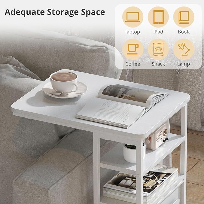 C Shaped End Table 28"(H) 3-Tier C Table with Storage Bag, Under Couch Table C-Shaped End Table with Storage Shelves and Bag for Living Room, Bedroom, or Office