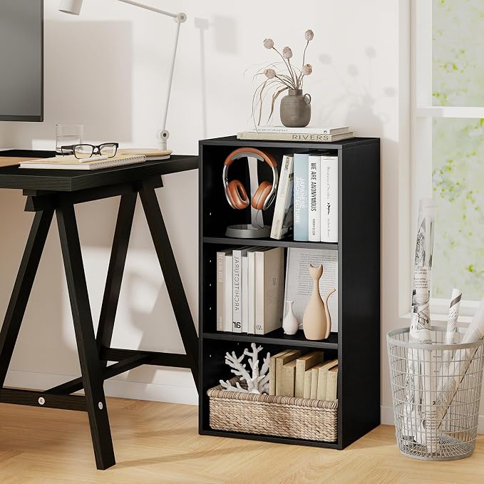 3 Shelf Bookshelf, 31.5” Small Bookcase with 2 Adjustable Shelves, Wooden Bookshelves and Bookcases, Modern Display Shelf, 3 Cube Storage Organizer for Home Office Bedroom (Black)