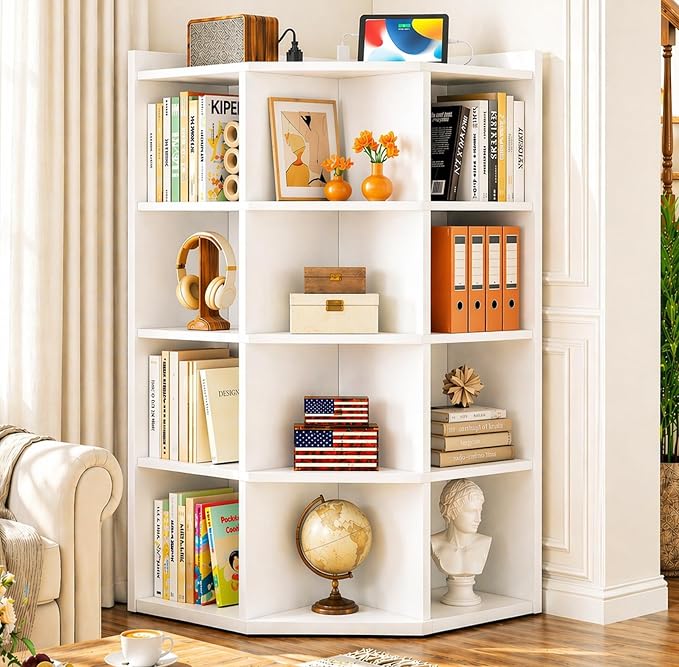 Aheaplus 5-Tier Corner Cube Bookshelf with Power Outlets, Wooden Corner Storage Cabinet with 12 Cubes, Corner Cube Organizer Shelf with Top Table, L Shaped Cubby Bookcase for Home Office, White