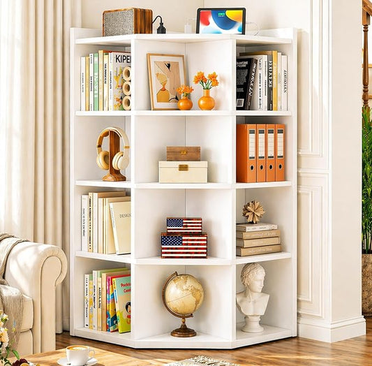 Aheaplus 5-Tier Corner Cube Bookshelf with Power Outlets, Wooden Corner Storage Cabinet with 12 Cubes, Corner Cube Organizer Shelf with Top Table, L Shaped Cubby Bookcase for Home Office, White