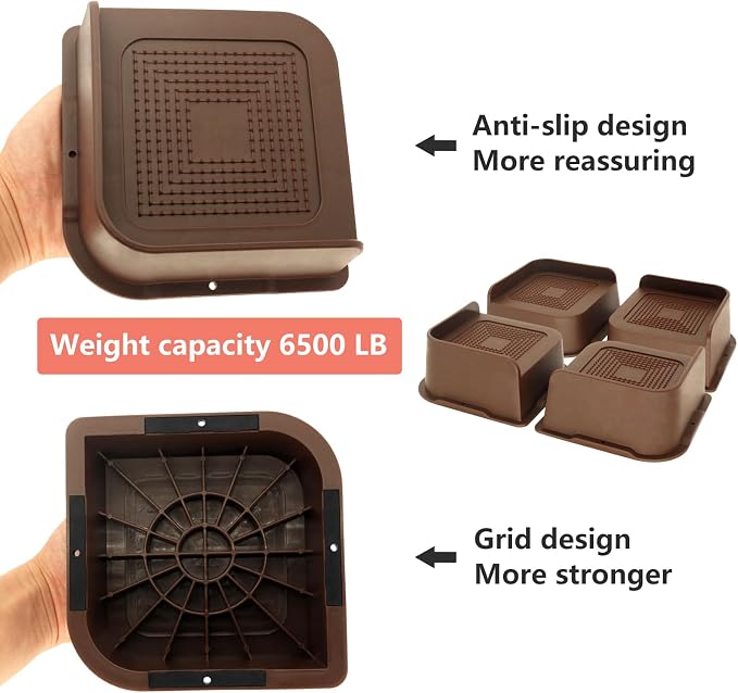 4 Pack Dark Brown Bed Risers 2 inch Heavy Duty, Oversized Furniture Risers, Bed Lifts Risers for Table, Sofa, Chair, Couch, Desk, Bed Frame Risers Supports Up to 6,500 Lbs
