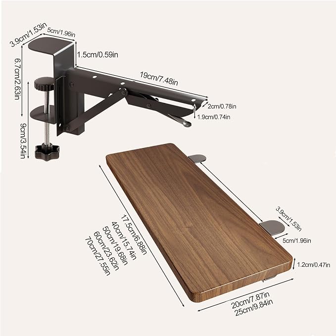Brown,70 * 20,Desk Extender Tray, 27.5" x 7.8" Clamp On Desk Shelf, Desk Extension with Rounded-Edge, Table Desk Arm Rest, Clamp On Keyboard Tray for Office and Home, Workstation Organizer