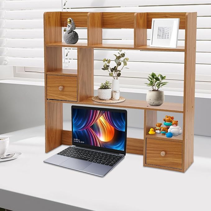 Desk Shelf, Wooden Office Desktop Display Organizer Rack with Handles, Adjustable 9 Compartment Storage Rack, Space Saving Desktop Bookshelf for Office Home Dorm (Pine Color)