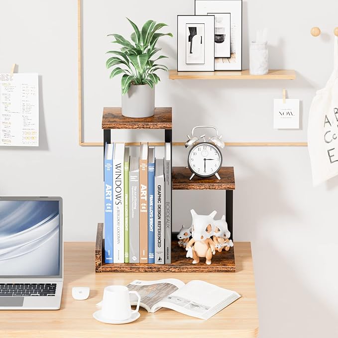 Gannyfer Office Decor Desk Shelf Organizer - Wood Desktop Shelf, Freestanding Desk Hutch, 3 Tier Storage Display Rack, Small Bookshelf with Metal Frame for Books/Plants/Toys (Rustic Brown Black)