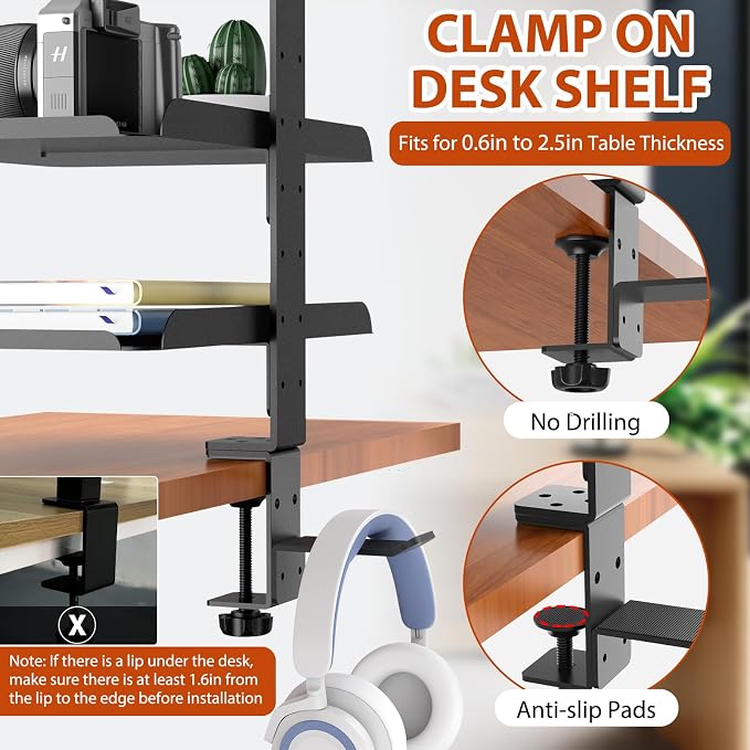 3 Tier Clamp On Desk Shelf, No Drill Desk Extension Shelving Unit with Adjustable Metal Trays & Headphone Stand Above or Under Desk Storage, Heavy Duty Desktop Storage Rack for Home Office
