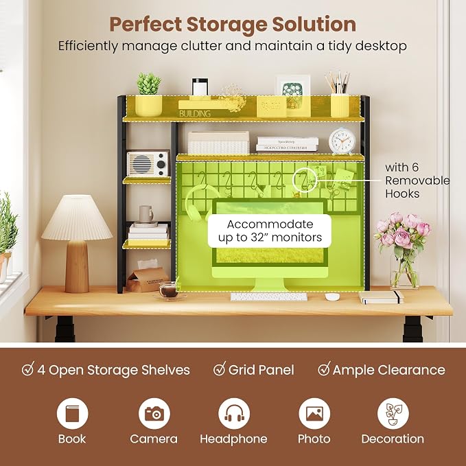 Tangkula Desktop Bookshelf for Computer Monitor Up to 32”, 37" x 29" Countertop Storage Hutch with 4 Open Storage Shelves, Grid Panel, Anti-tip Device, 4-Tier Desktop Display Shelves for Home Office